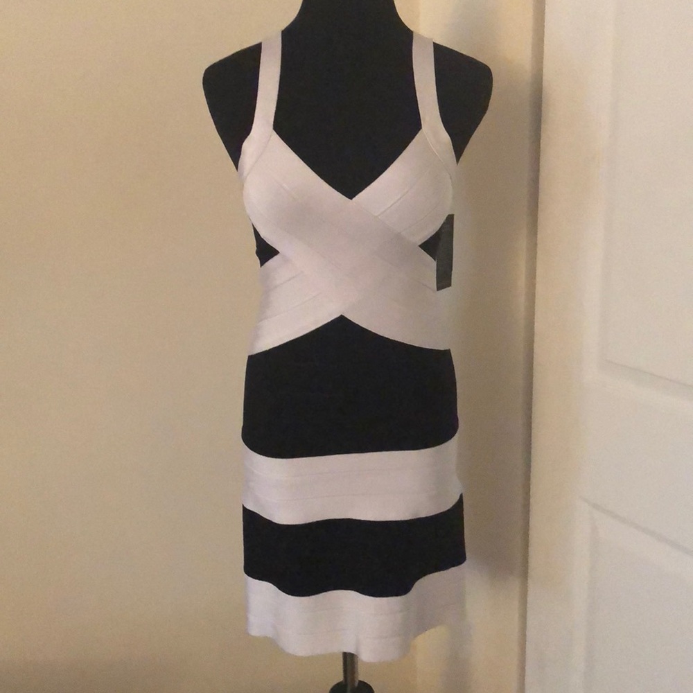 Zara White and Black Striped Bandage Mini Dress